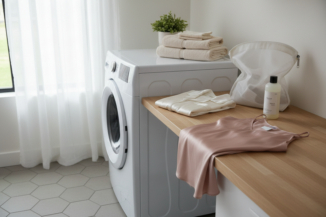 Silk sleepwear placed in a laundry mesh bag beside a home washer, showing a gentle machine-wash setup for delicate fabric care.