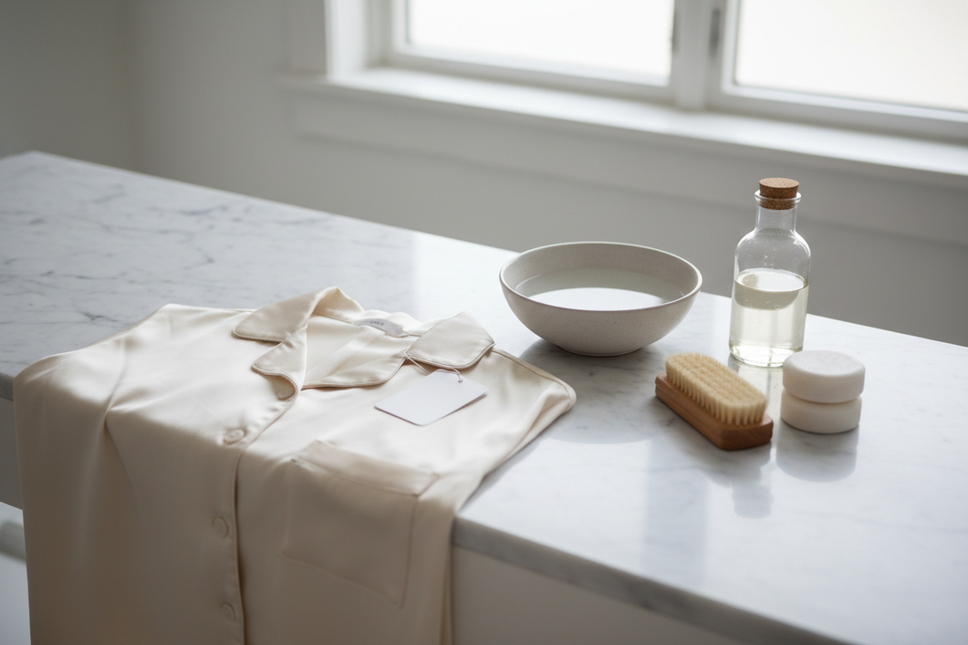 Silk pajama top and care label laid out on a clean bathroom counter with a small basin and gentle laundry supplies nearby