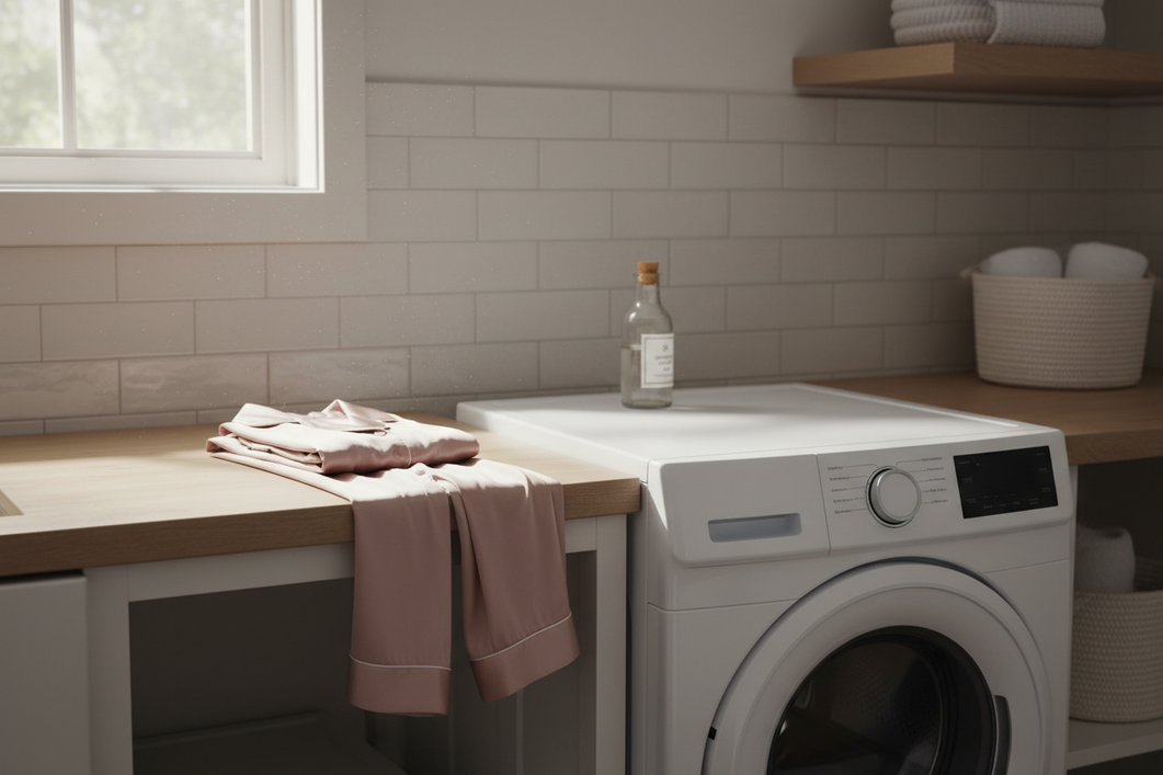 Silk pajamas resting beside a modern front-loading washer, illustrating a cautious laundry decision for delicate fabric.