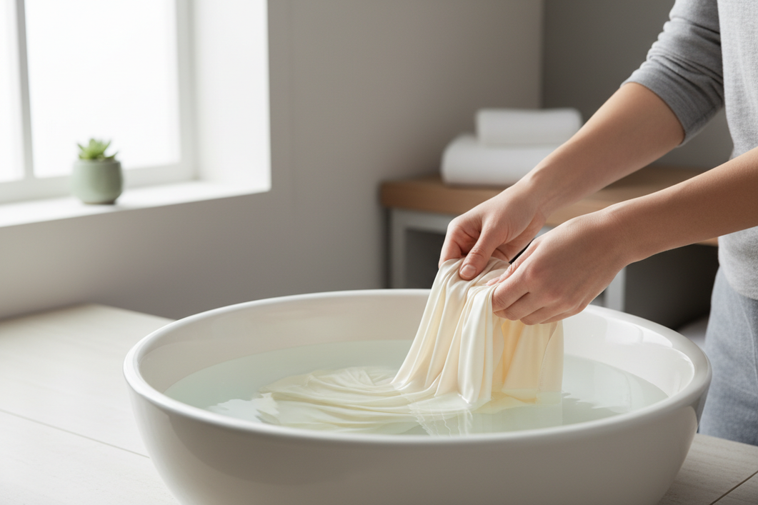Silk fabric being gently hand washed in a clean basin, shown as a smooth luxury textile care scene