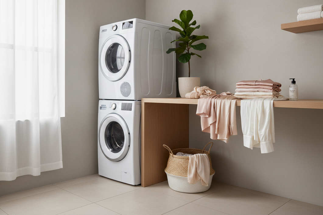 Silk pajamas and a laundry basket beside a washer-dryer combo in a bright laundry room, showing a gentle wash-care setup for delicate fabric.