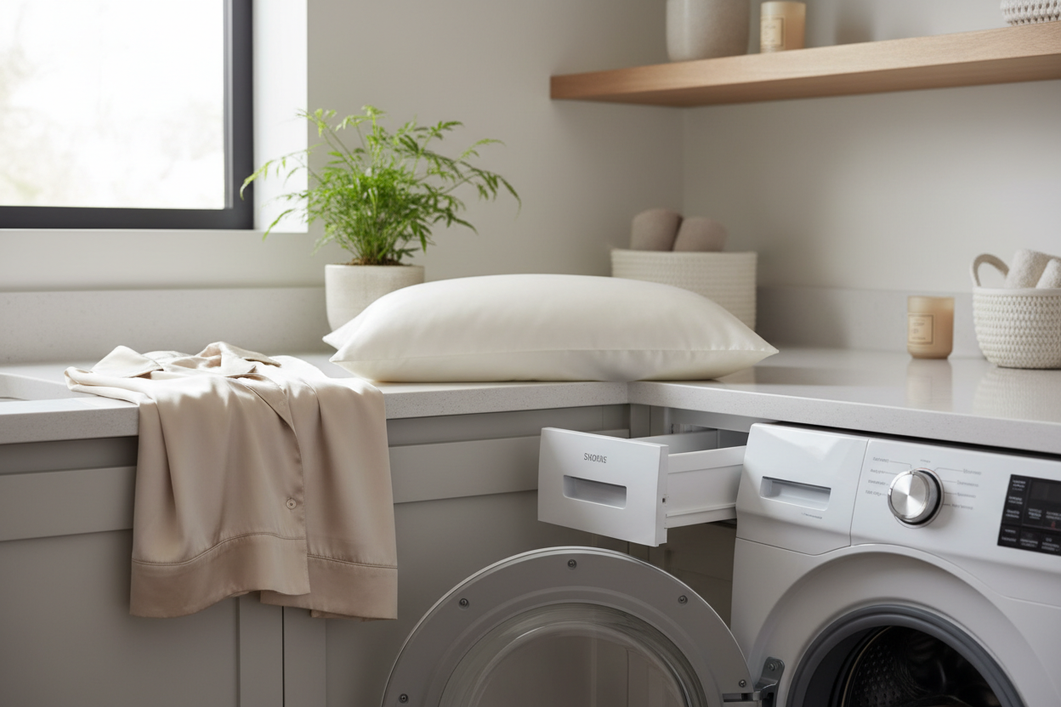 Silk pillowcase and silk pajamas laid out beside a modern washing machine and laundry products, shown as a broad home laundry hero scene.