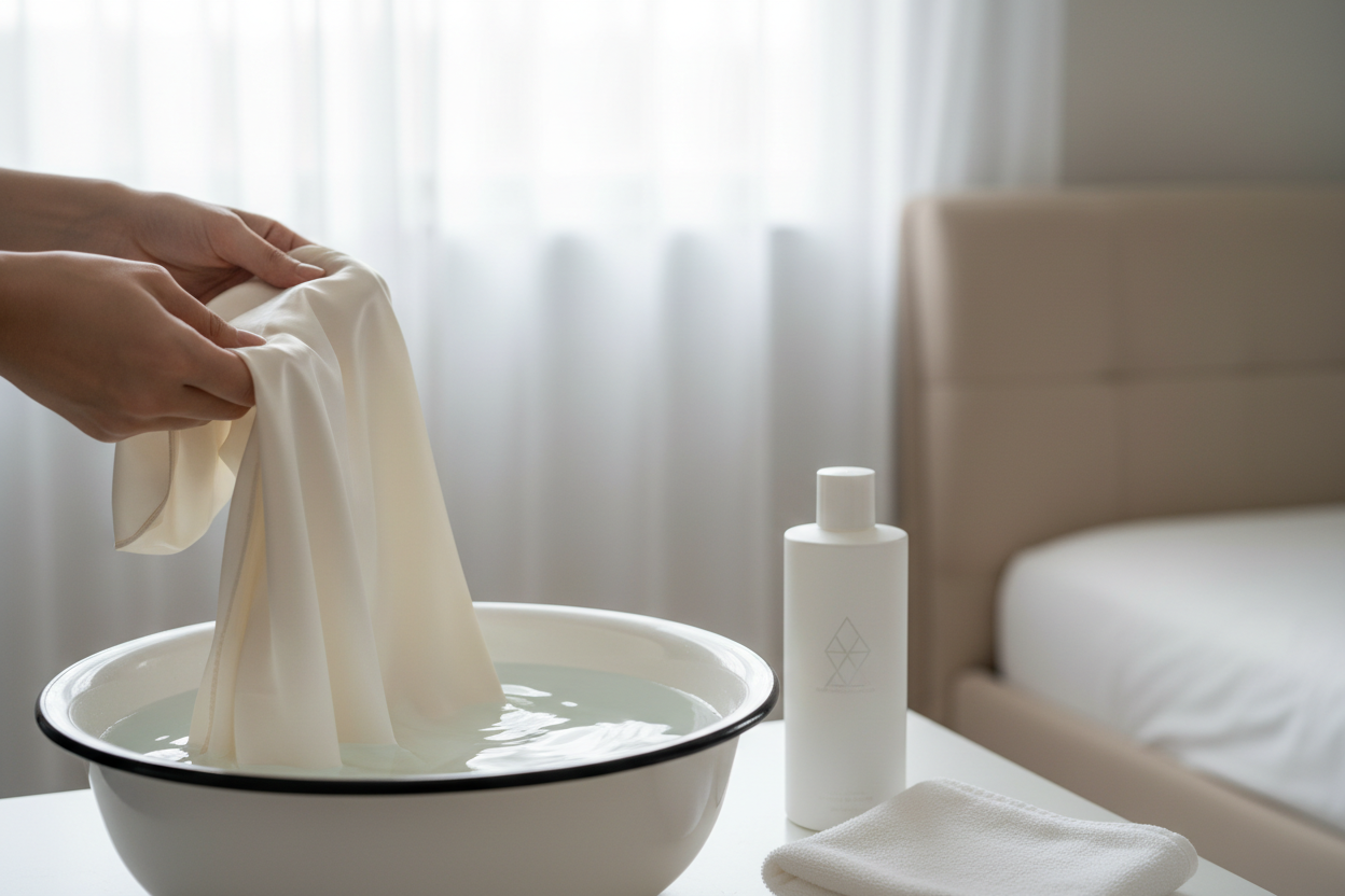 Silk pillowcase laid flat beside a small basin and gentle laundry supplies for delicate cleaning after skincare transfer
