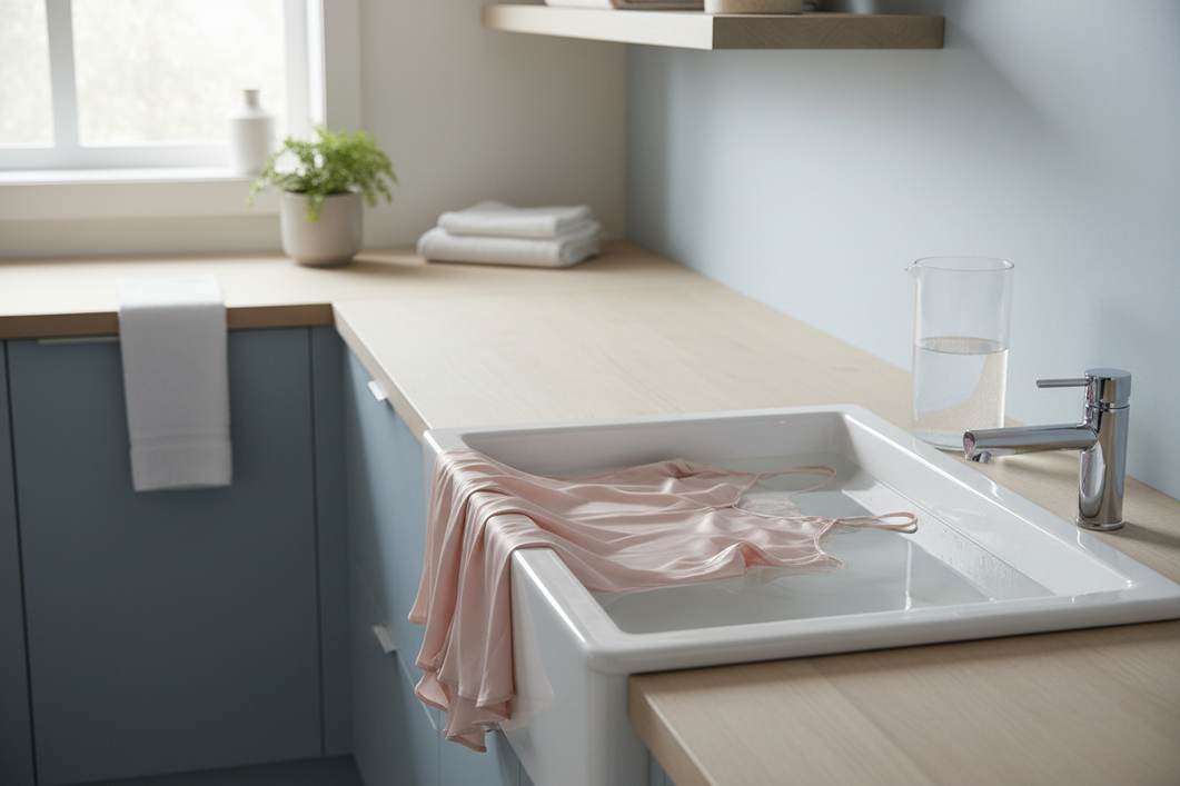 Silk garment laid out on a clean table beside a water test container and a bowl for gentle washing
