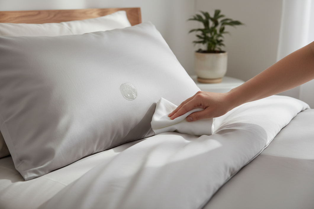 Silk pillowcase with a greasy skincare stain being gently blotted with a dry cloth on a bed