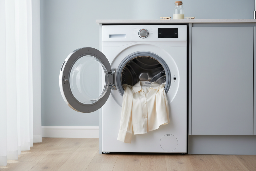 Silk fabric laid in a washing machine drum with a very small load, suggesting a gentle laundry check
