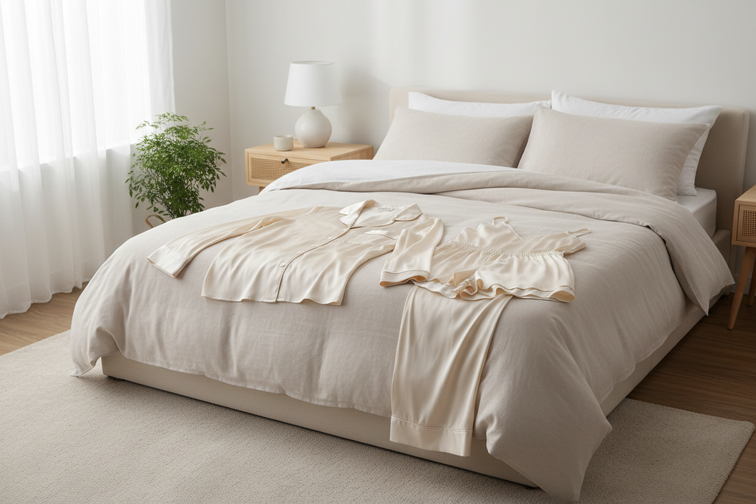 Cloudy silk pajama set laid out on a bed after washing, showing a dull hazy finish in soft natural light