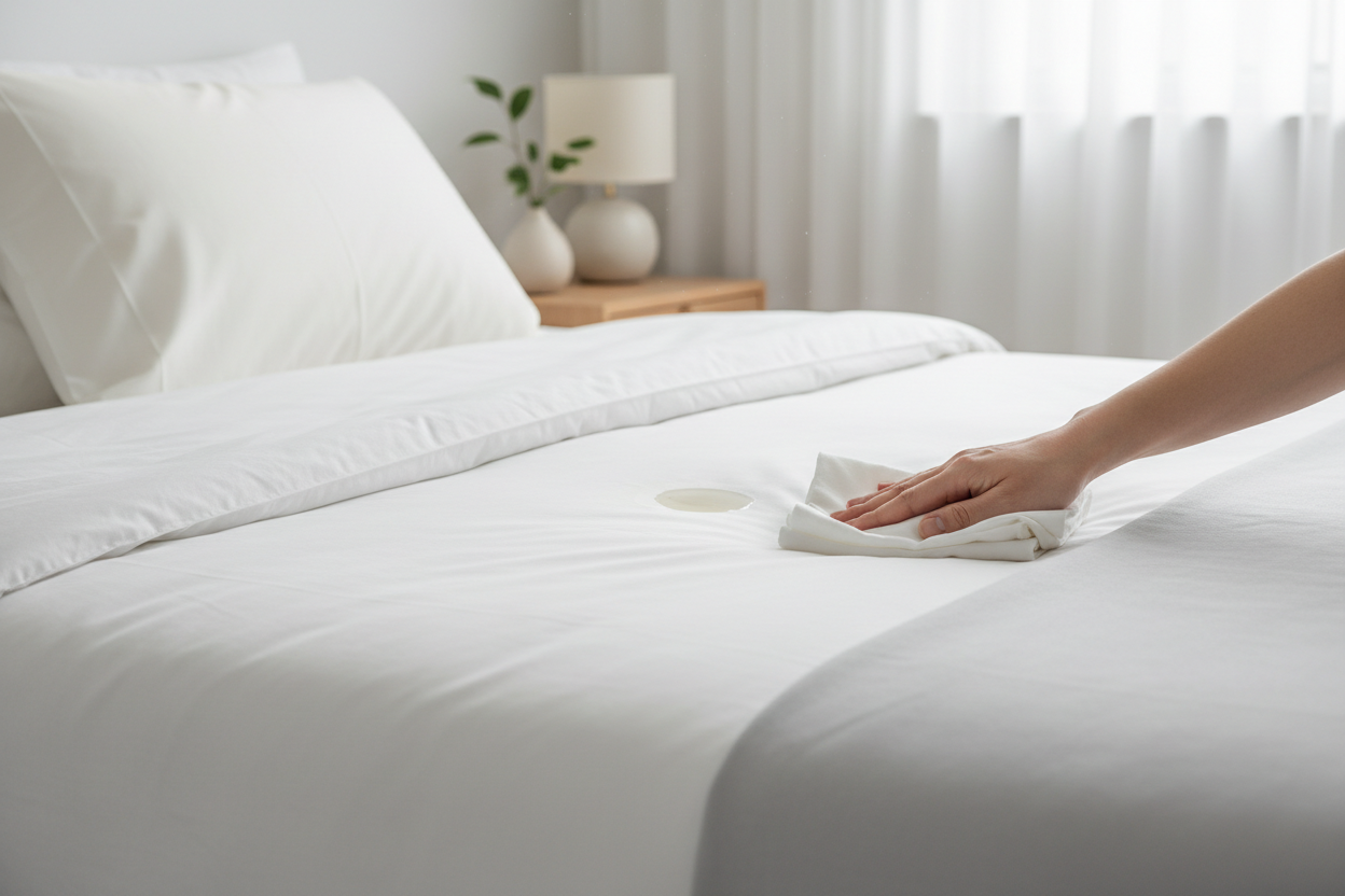 Silk pillowcase with a fresh ointment mark being gently blotted by hand on a bed
