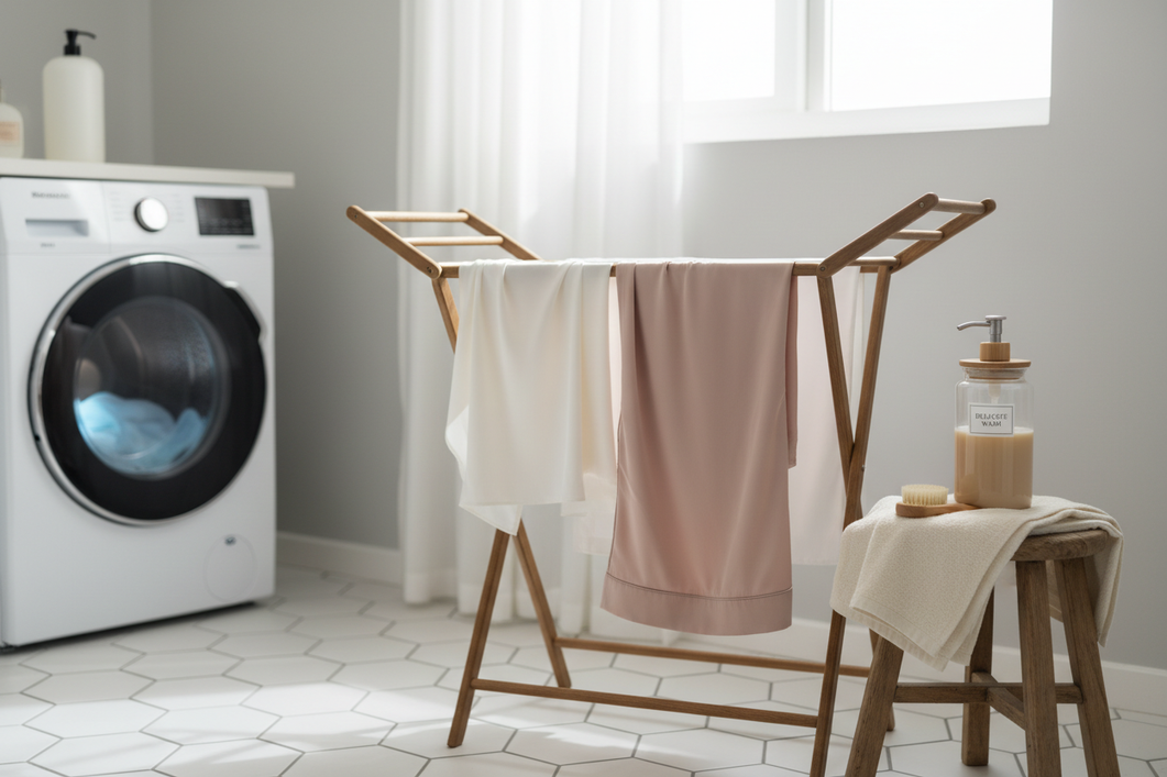 Silk bedding and sleepwear laid out beside a washing machine as a gentle laundry choice, shown in a clean home laundry room