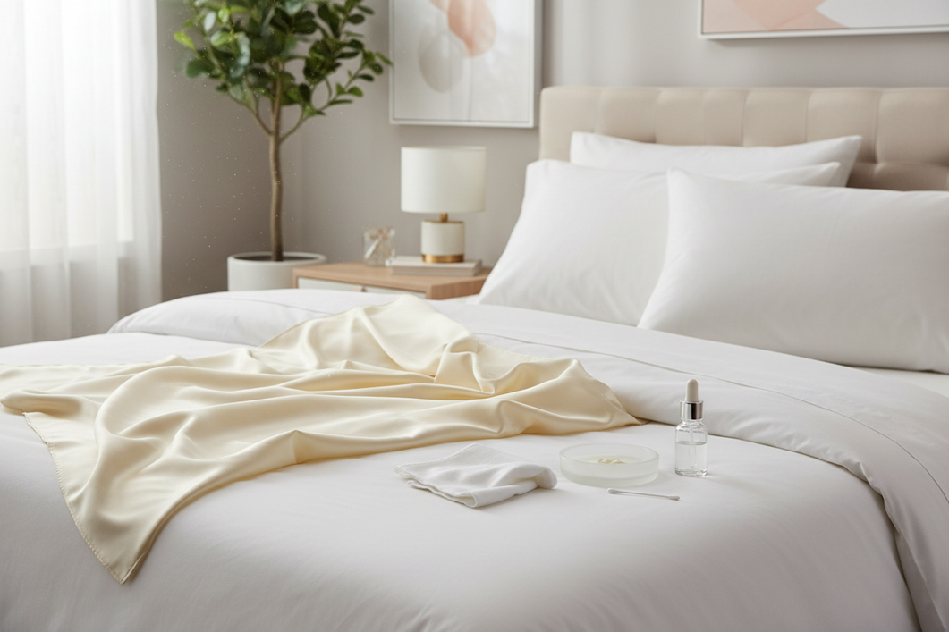 Close view of a silk pillowcase on a bed beside skincare residue and a folded cleaning cloth, showing a gentle care setup for removing greasy facial product marks