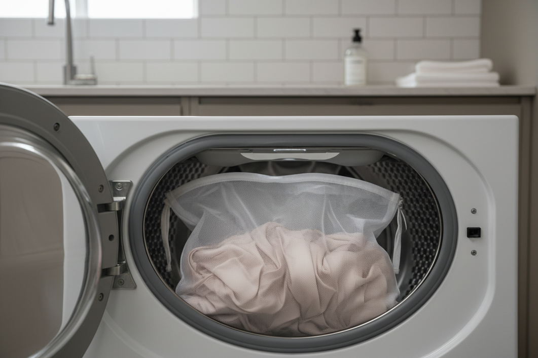 Silk garment in a laundry wash bag inside a front-loading washer before a gentle cycle