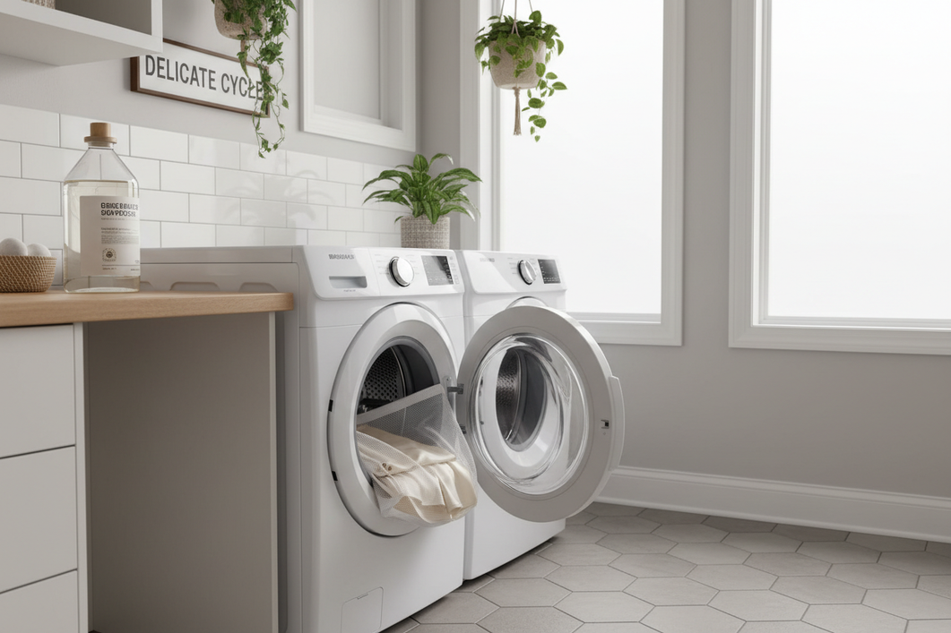 Silk blouse resting in a mesh laundry bag beside a front-load washing machine in a bright laundry room