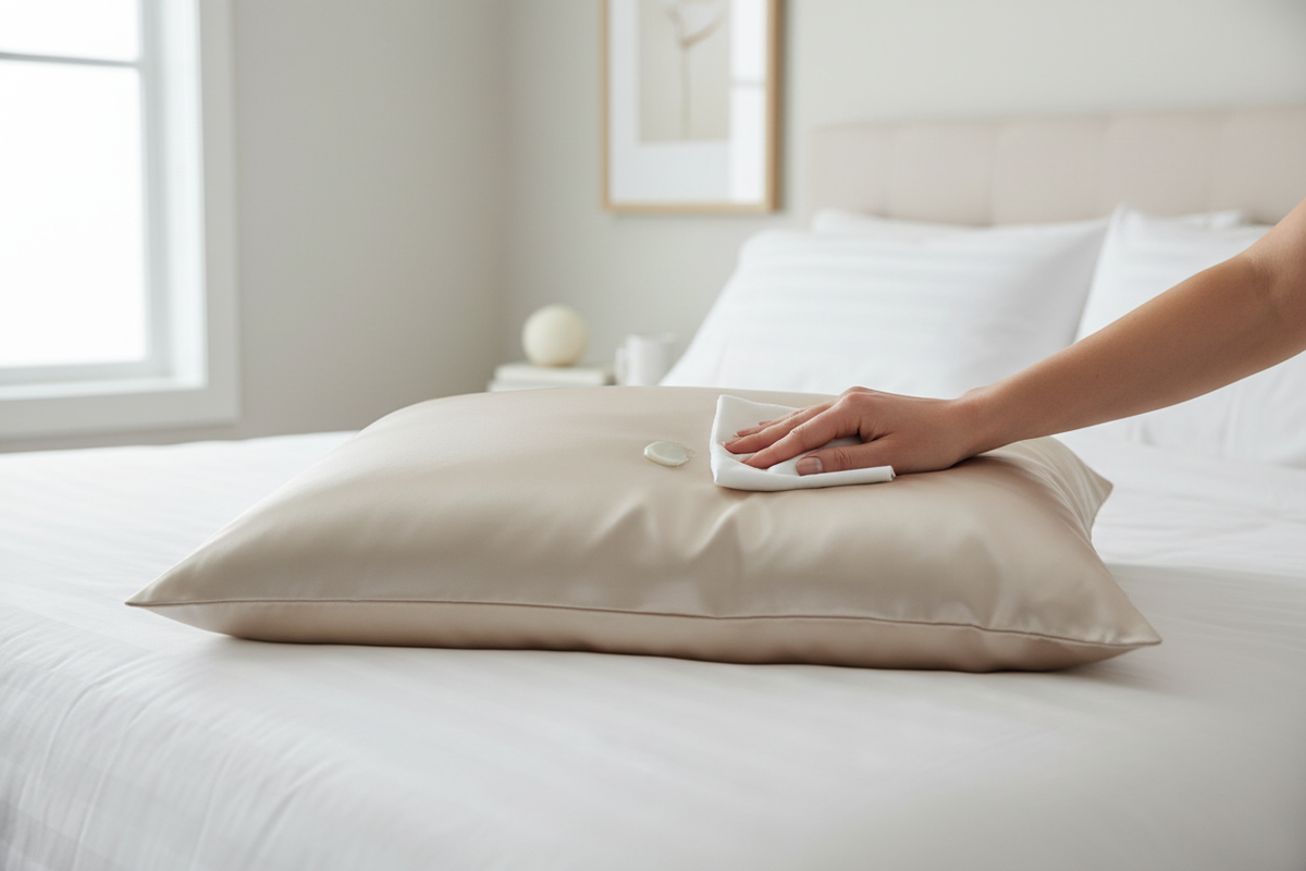 Silk pillowcase with a fresh white cream stain being gently blotted by hand on a bed