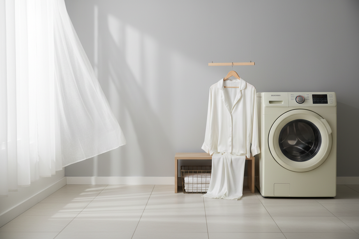 Silk pajama set hanging in a modern laundry room near a front-load washer, showing a delicate garment being aired out instead of washed