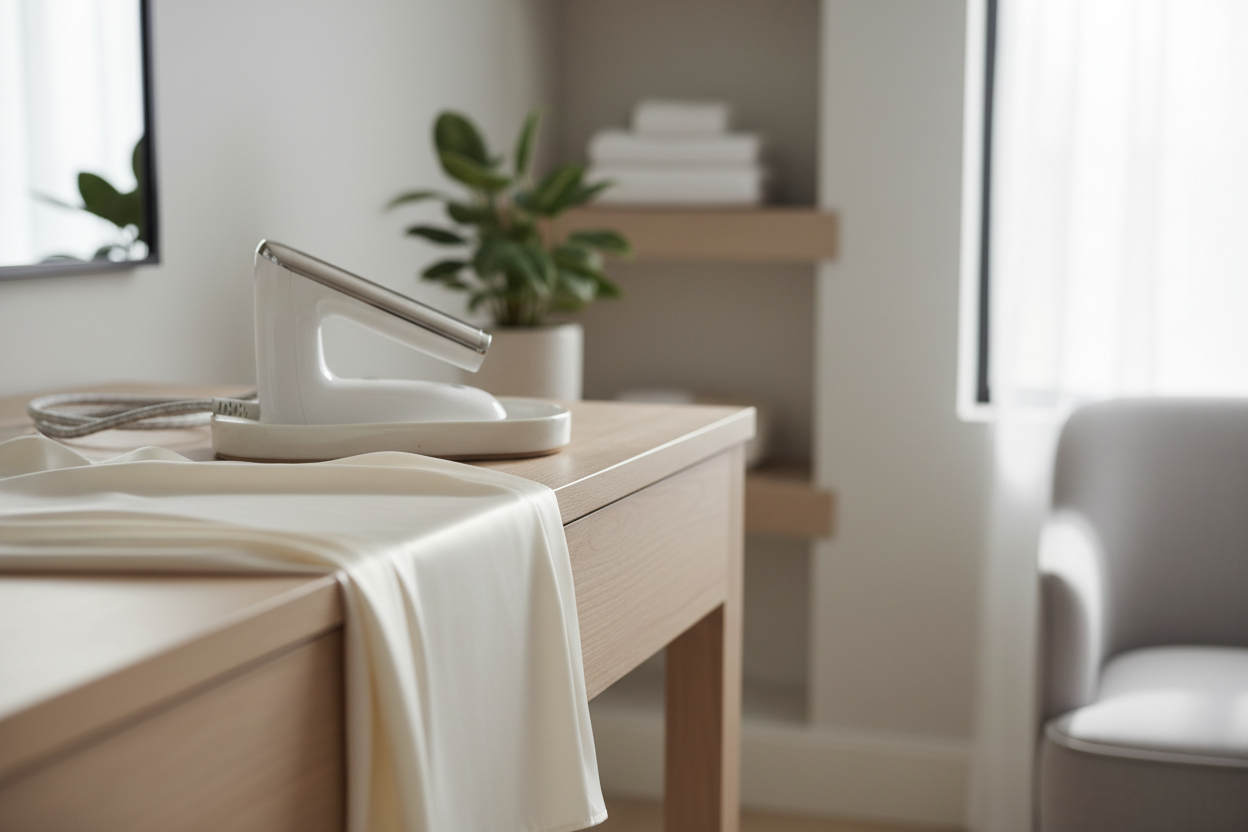 Silk fabric draped on a flat surface with a visible fold line and a handheld steamer nearby, showing gentle crease recovery at home