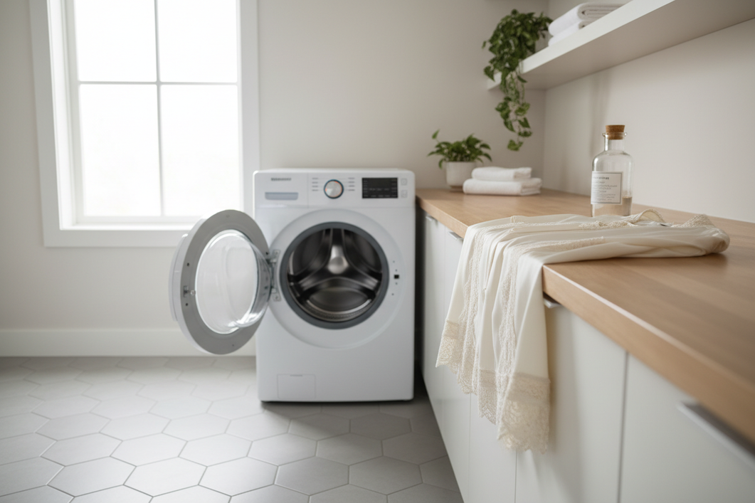 A silk garment and a front-loading washer with the door open in a bright laundry room, showing a clean, low-fragrance setup before washing.