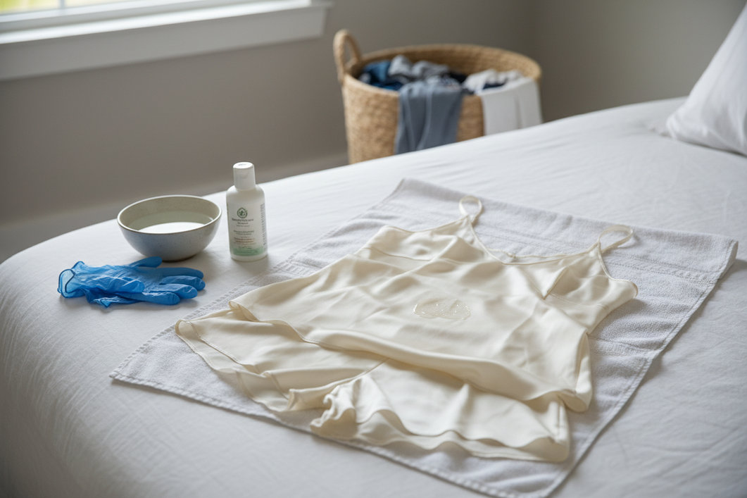 Silk sleepwear laid out on a bed beside a pair of disposable gloves and a small laundry basin, showing careful separate handling before washing.