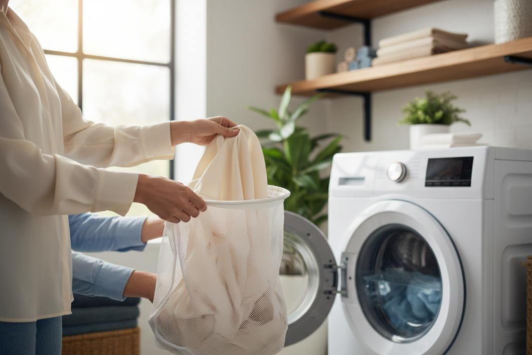Close-up of a silk garment being gently placed into a mesh laundry bag beside a front-loading washing machine in a home laundry room