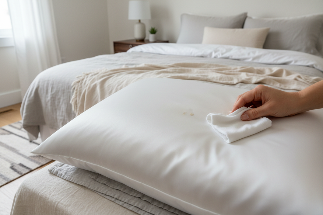 Silk pillowcase and sleep accessories on a bed with a fresh hair treatment spill being gently blotted before washing