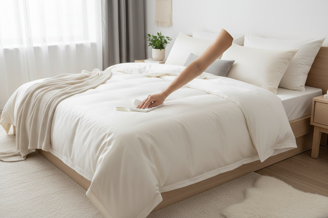 Silk bedding laid out on a bed with a small ointment spill being gently blotted away before washing