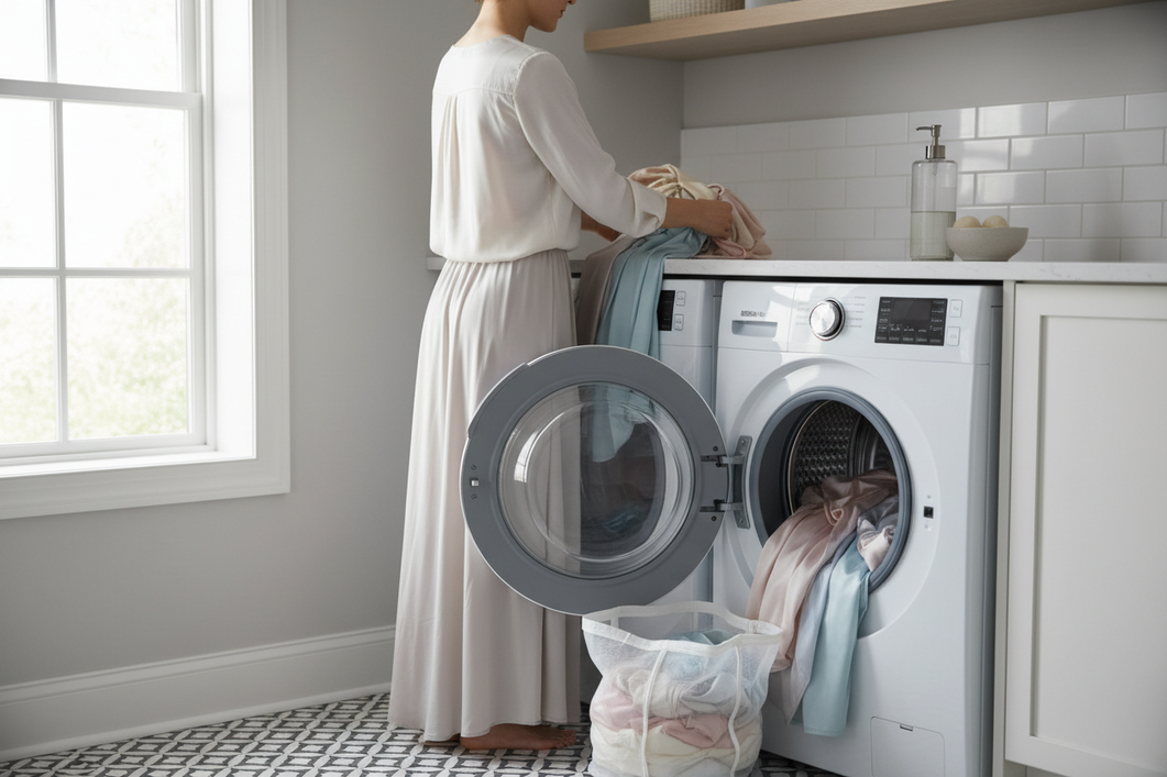 Silk blouse and other delicate laundry items arranged beside a front-loading washer with the steam setting turned off, ready for a gentle cold cycle