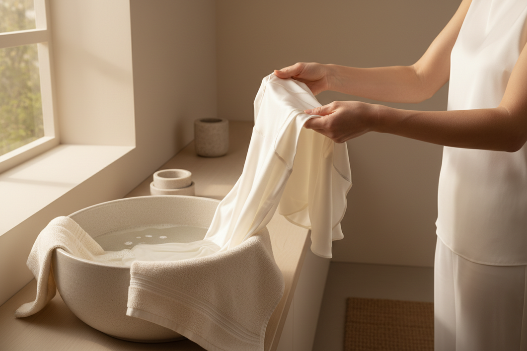 Silk sleepwear laid out softly after washing, with a person gently smoothing the fabric on a clean towel near a sink
