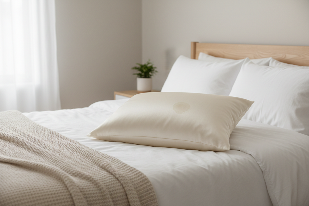 Silk pillowcase with a fresh skincare residue mark on the surface, shown on a neatly made bed in soft daylight