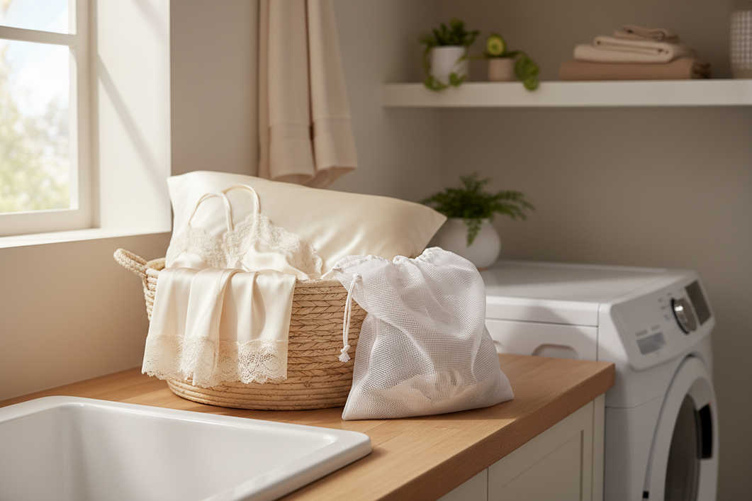 Silk sleepwear and a silk pillowcase arranged neatly beside a laundry basket and mesh wash bag before machine washing