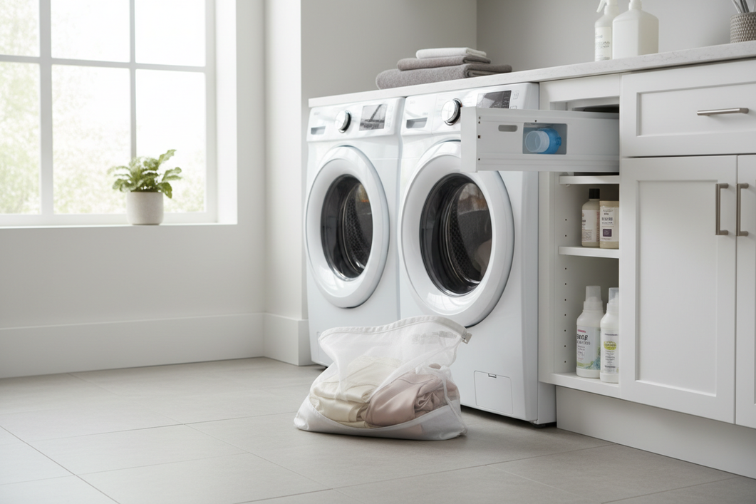 Silk pajamas in a mesh laundry bag resting beside a front-load washing machine and a small detergent pod dispenser drawer, home laundry room