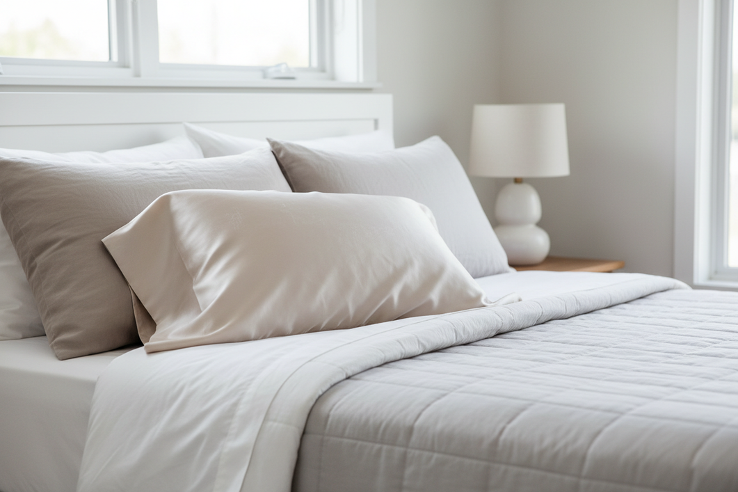 Silk pillowcase with a dull, coated surface on a neatly made bed, showing residue buildup after washing