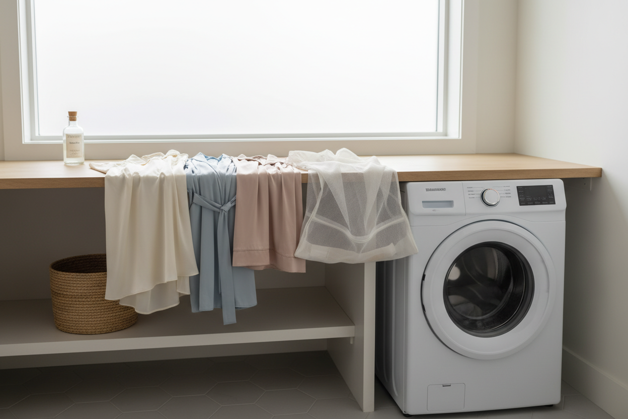 Silk sleepwear laid out beside a clean front-loading washing machine and a small laundry basket in a bright laundry room