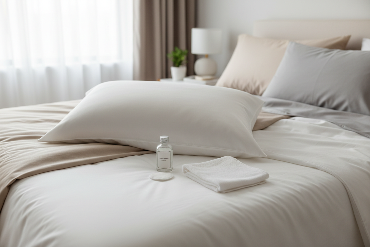 Silk pillowcase on a neatly made bed beside a small makeup remover bottle and a folded white cloth, showing gentle cleanup after skincare residue.