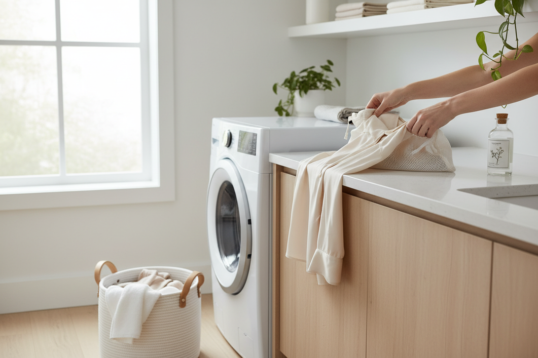Silk garment care setup in a laundry room, with a clean washing machine, a delicate silk item, and a small laundry wash bag ready beside the washer