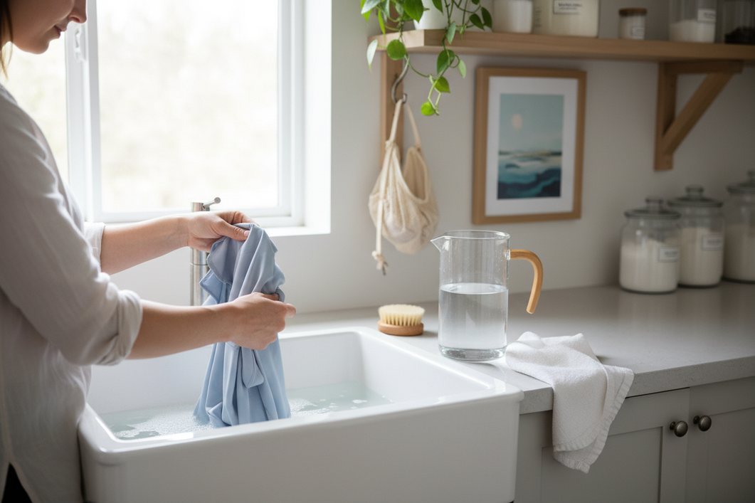 Silk blouse laid out for a gentle hand wash beside a clean basin and a separate container of clear rinse water