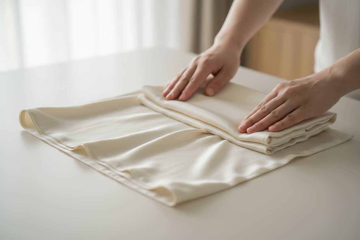 Close-up of silk fabric being gently folded by hand, showing a soft sheen and a light rustling feel after washing