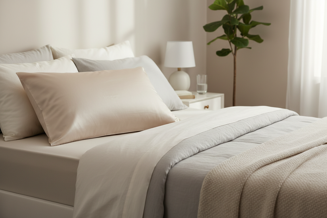 Silk pillowcase with visible skincare residue on a bed, shown as a clean editorial product image