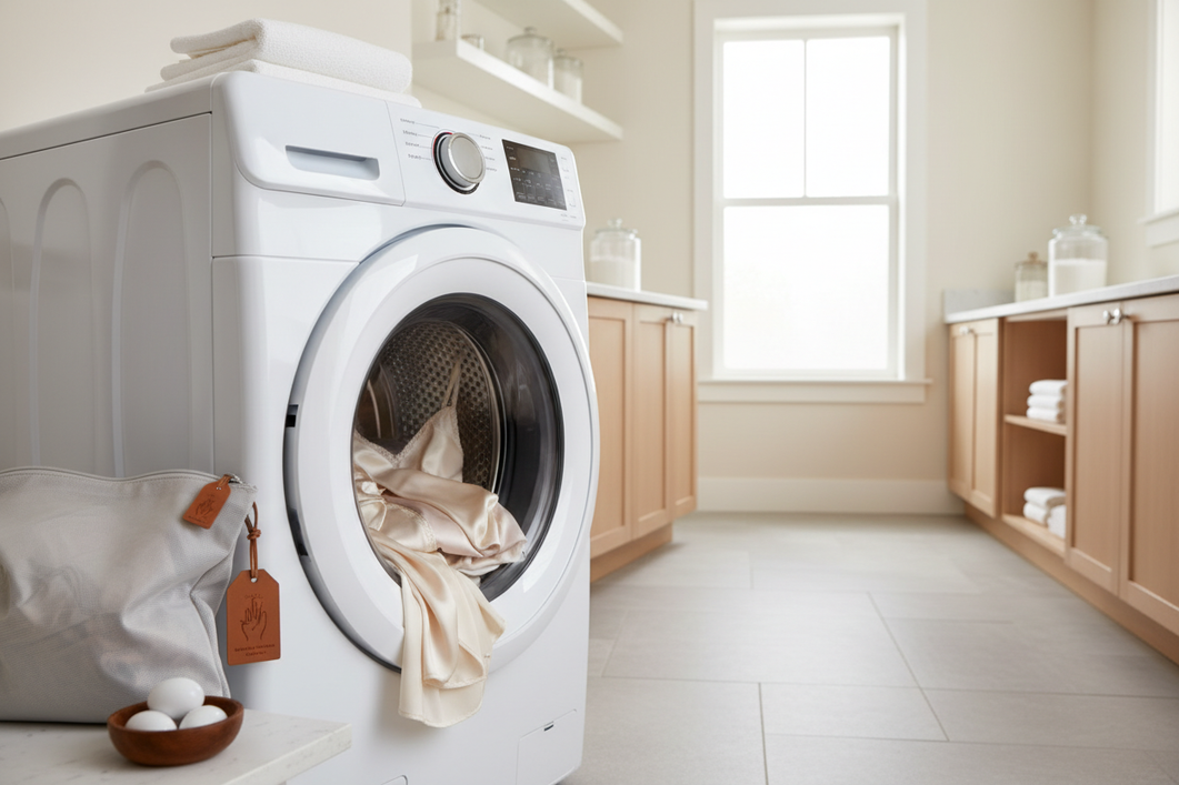 A silk blouse in a washing machine drum beside a mesh laundry bag, shown before a gentle wash cycle begins