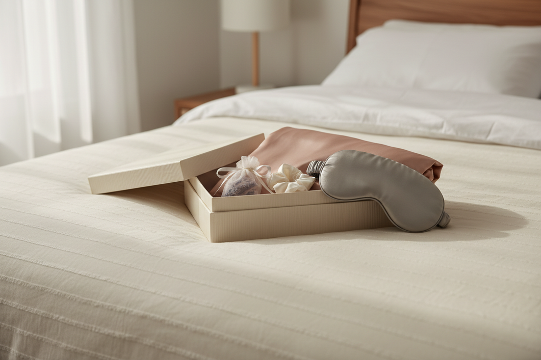 Silk gift set arranged as a thoughtful sleep and self-care present for her