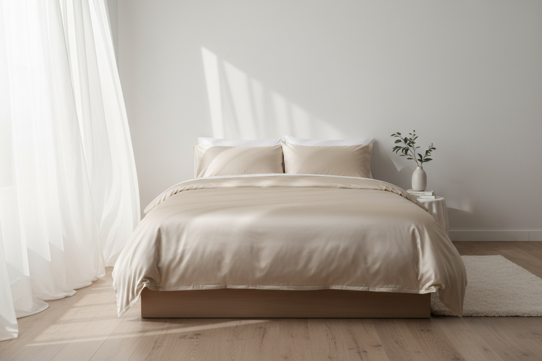 Silk bedding set styled on a neatly made bed with matching sheet, duvet cover, and pillowcases in a bright bedroom