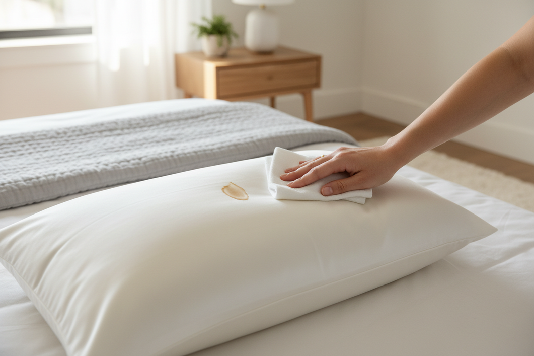 Silk pillowcase with dark charcoal skincare residue being gently cleaned by hand on a bed, showing a fresh stain transfer care step