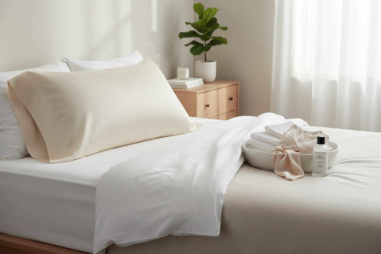 Silk pillowcase on a bed after acne gel transfer, with a clean laundry setup nearby for gentle washing