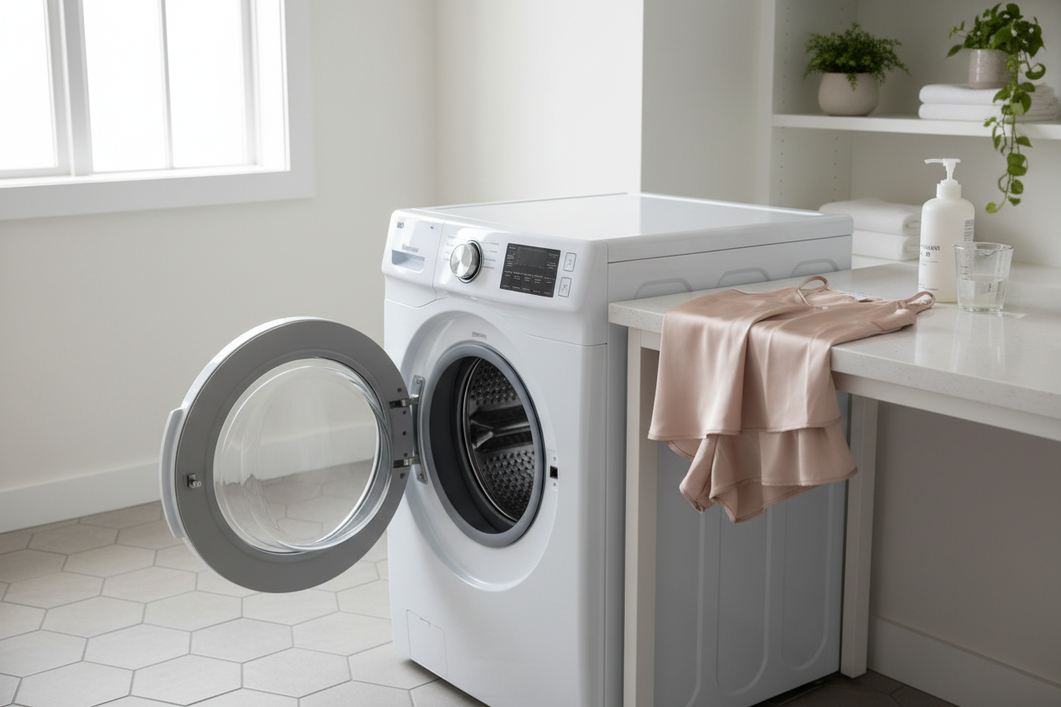 Woman’s silk sleepwear laid out on a laundry room counter beside a front-loading washing machine with the door open, showing a gentle machine-wash setup