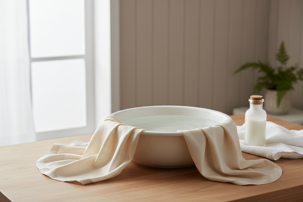 Silk fabric draped neatly over a clean basin beside a small bowl of rinse water, showing a gentle laundry care setup
