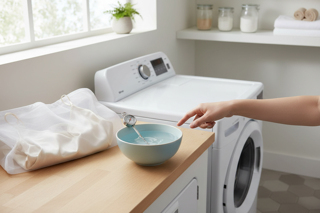 Laundry room scene showing delicate silk clothing in a mesh wash bag beside a washing machine and a separate bowl of cool water for checking wash temperature