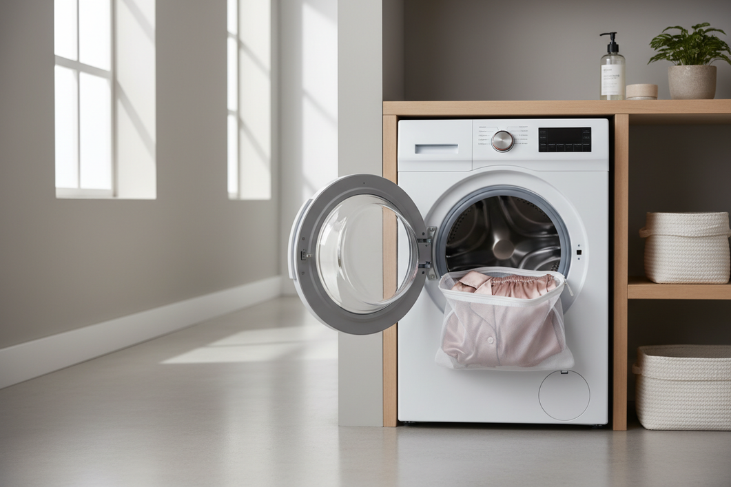Silk pajama set in a mesh laundry bag beside a washing machine with the door open, showing a careful laundry setup for delicate fabric care.