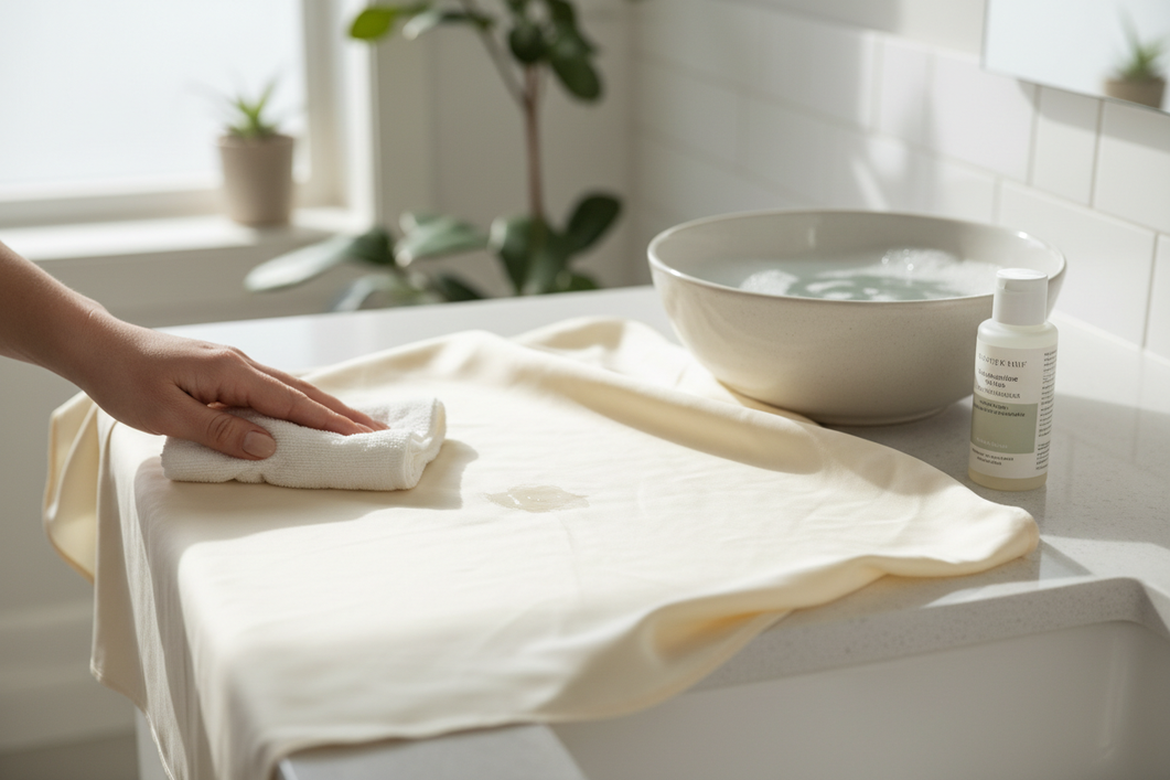 Silk pillowcase with a small cream stain beside a folded soft cloth and a gentle laundry setup on a clean bathroom counter