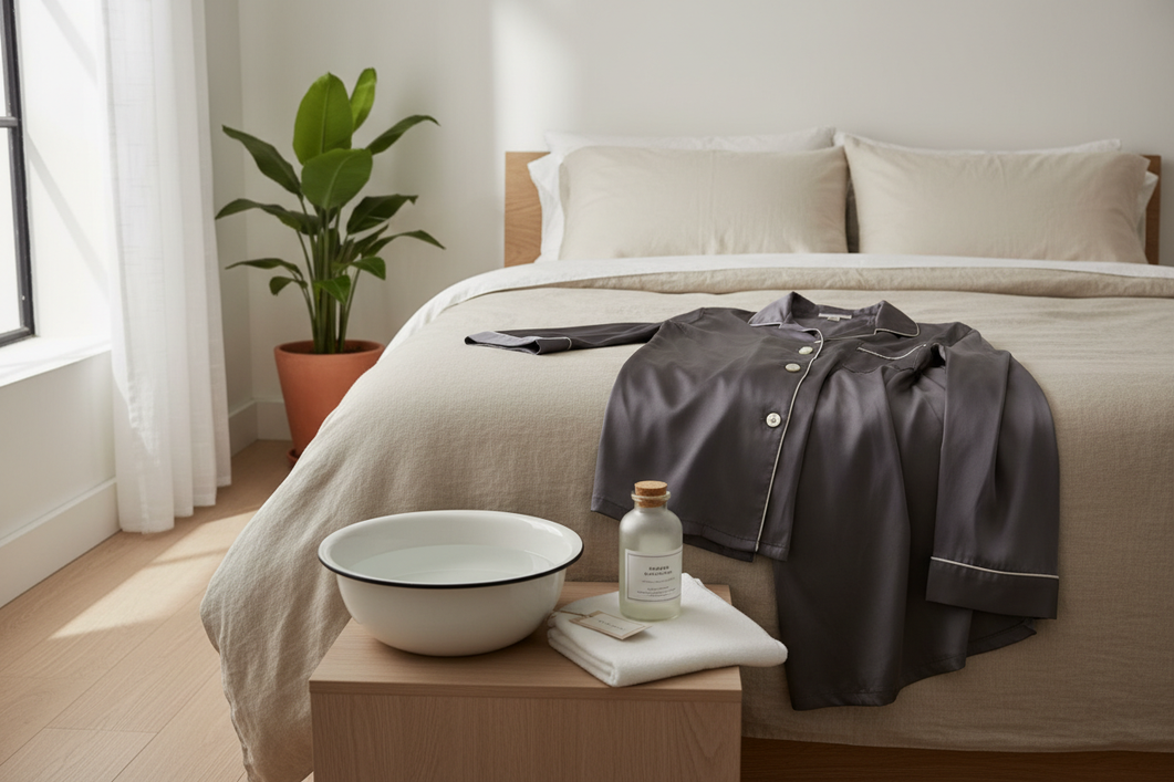 Silk pajamas laid out on a clean bed beside a basin, gentle detergent, and soft cloth for careful postpartum stain treatment