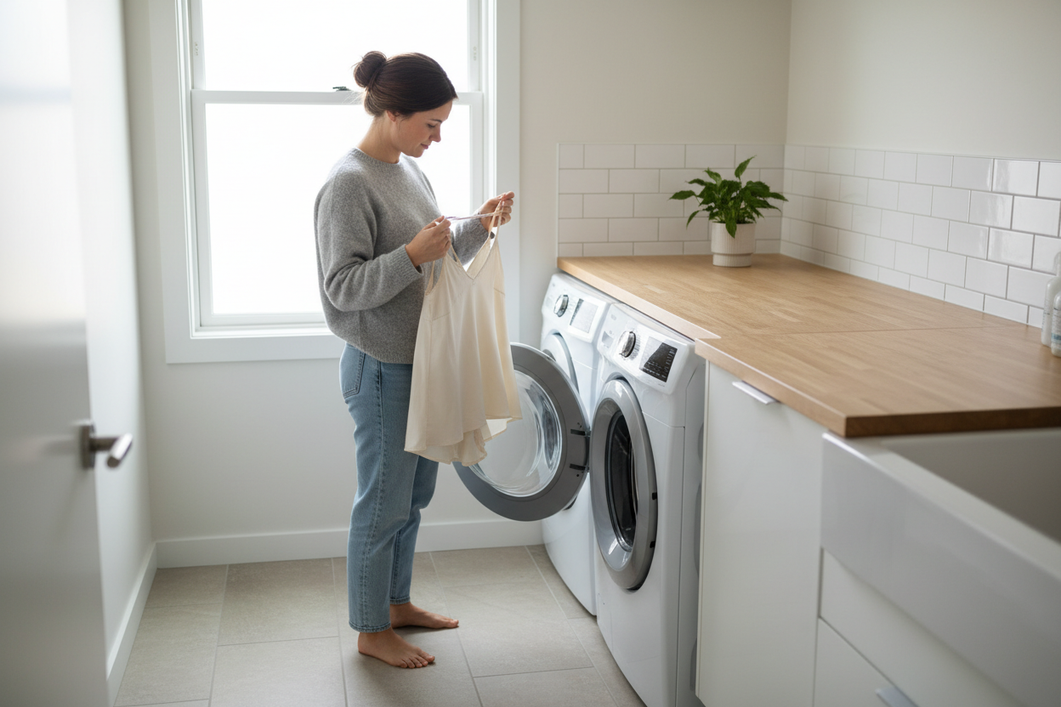 Woman in silk pajamas in a laundry room checking a washing machine before a delicate wash cycle