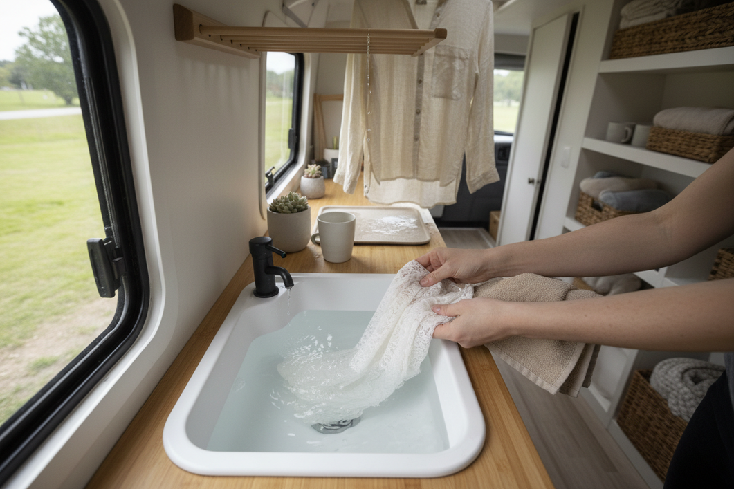 A tiny home or vanlife laundry setup with a small portable sink, a delicate garment soaking gently in cool water, a clean towel nearby, and a compact drying rack in the background