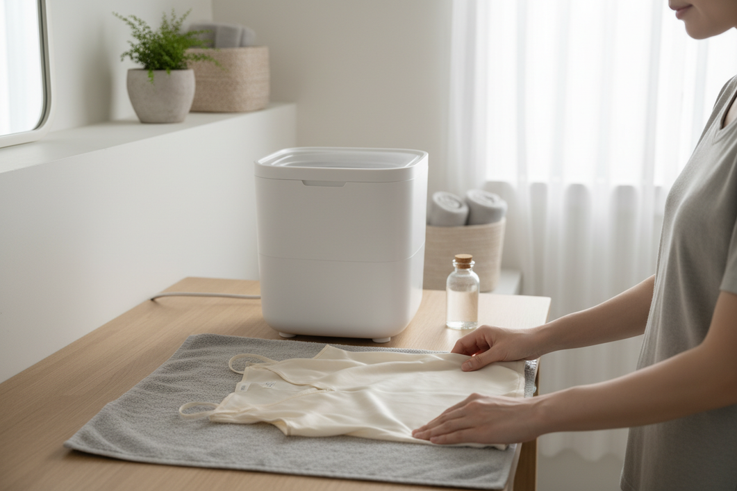 Portable washing setup with a silk garment laid flat beside a compact washer, showing a careful low-motion cleaning check at home